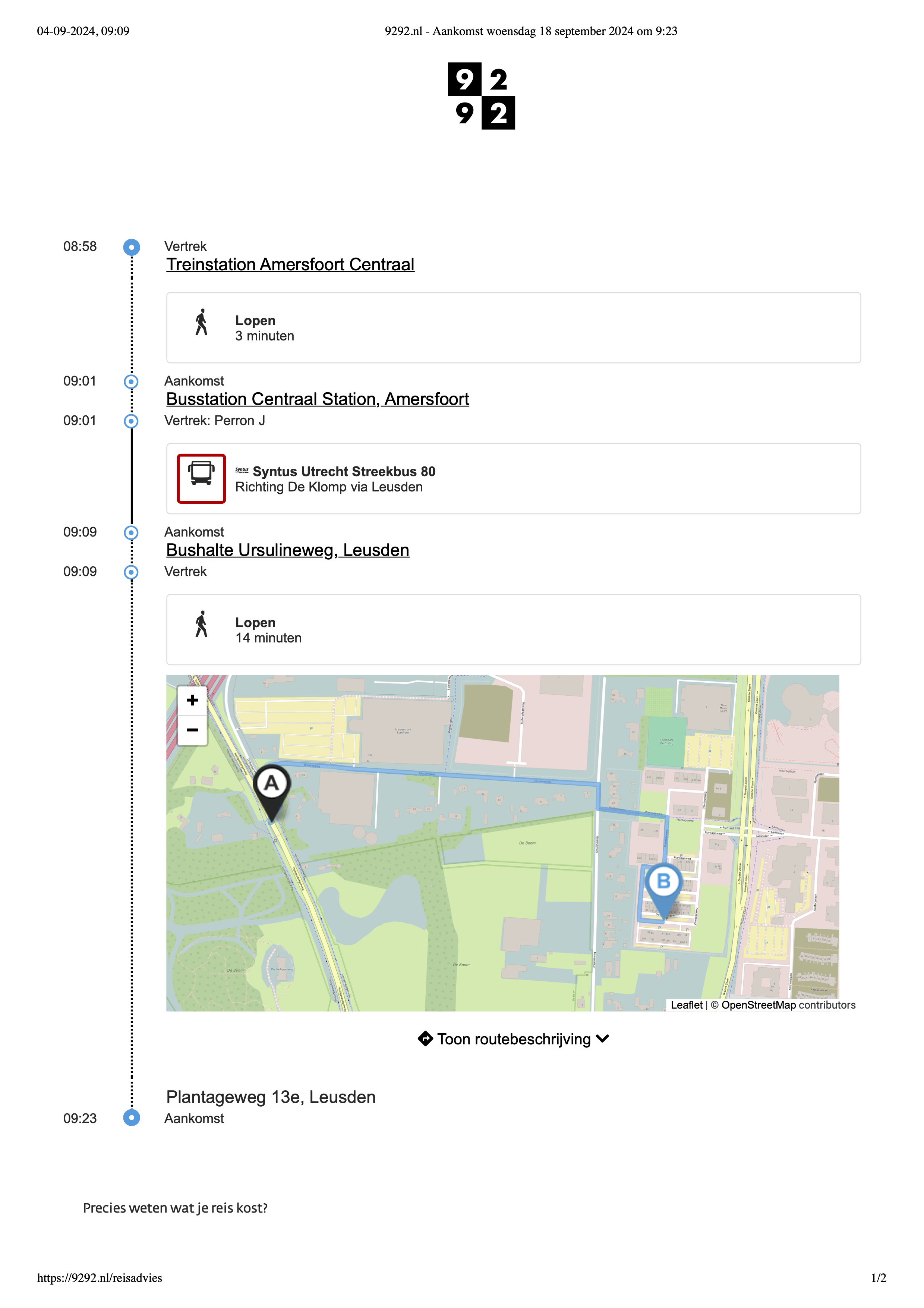 Route via openbaar vervoer