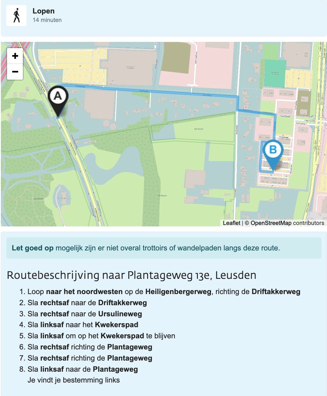 Looproute vanaf bushalte naar plantageweg 13e Leusden